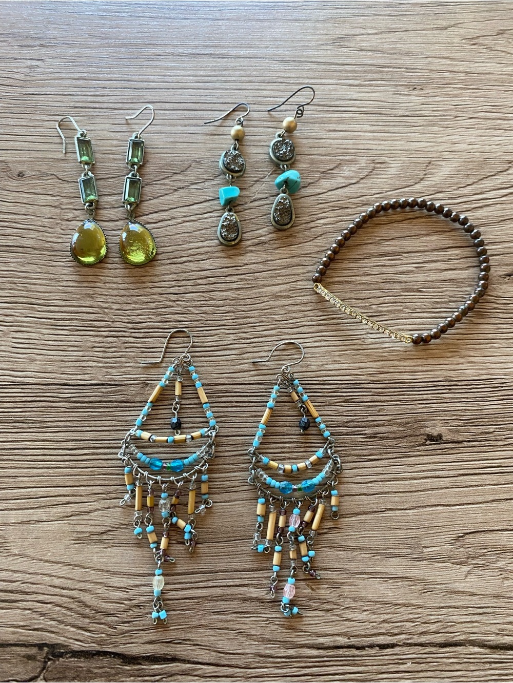 3 pair earrings and 1 purse Boho Turquoise & Yellow Beaded Dangle